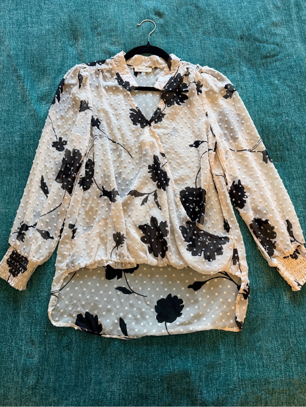 Floral Swiss Dot Blouse with Black Print - Women